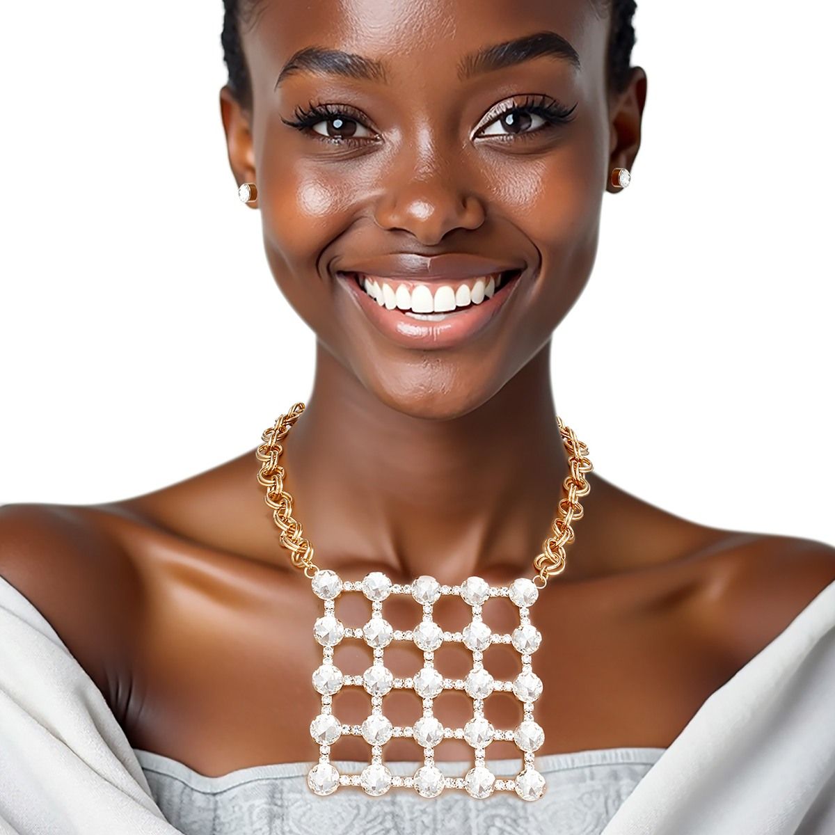 Pendant Gold Crystal Square Grid Chain Necklace