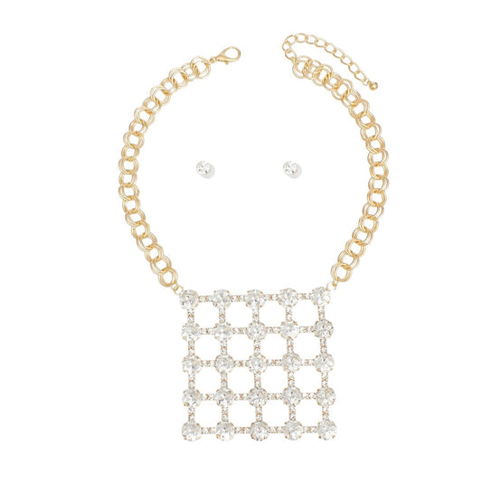 Pendant Gold Crystal Square Grid Chain Necklace