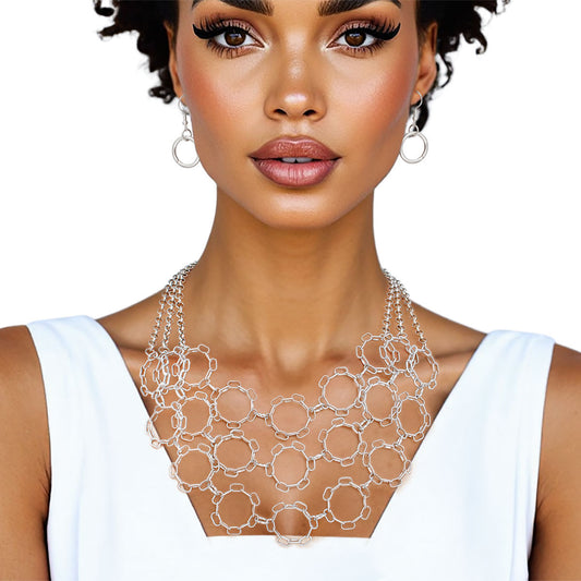 Chain Multi Row Multi Circle Silver Bib Necklace