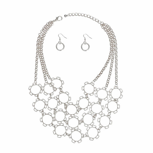 Chain Multi Row Multi Circle Silver Bib Necklace