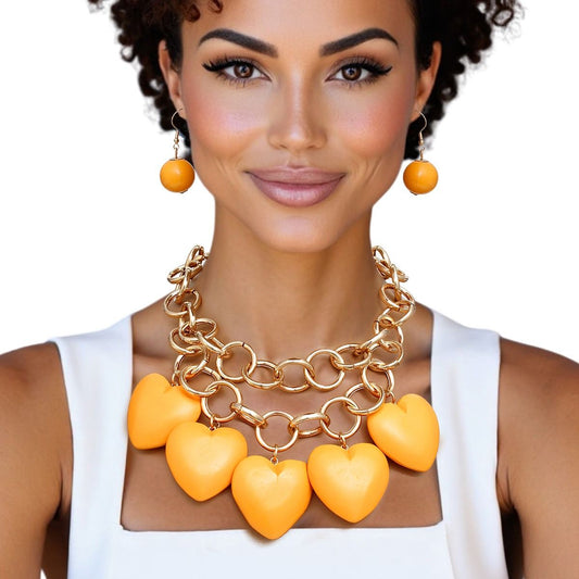 Bib Chunky Orange Wooden Heart Bead Necklace