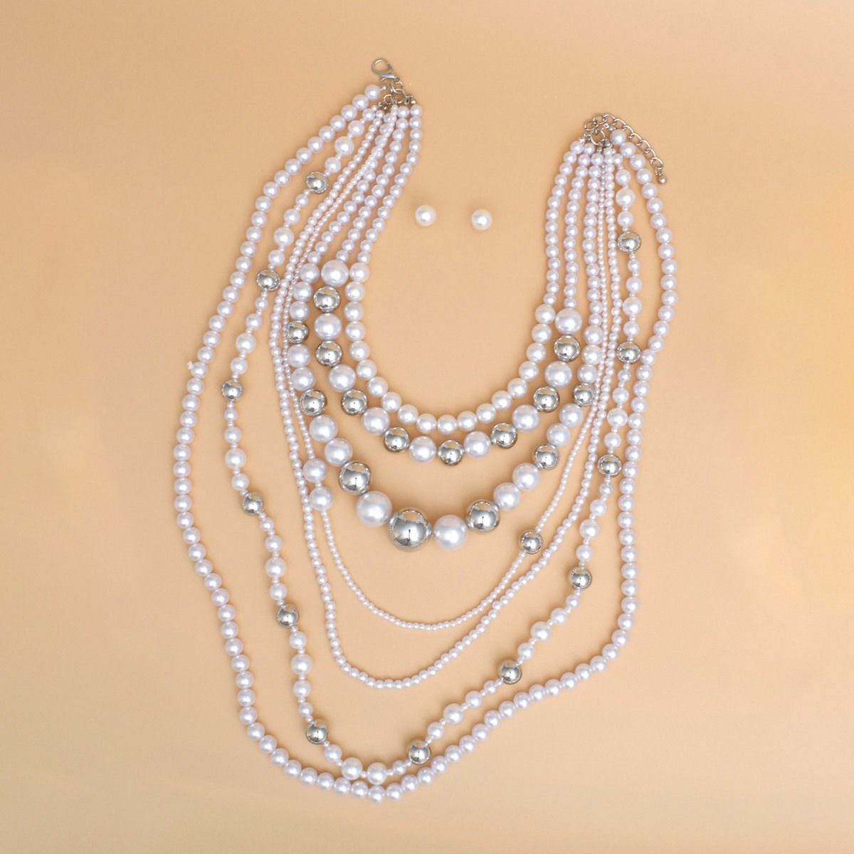 Long 7 Strand White Pearl Silver Ball Bead Necklace