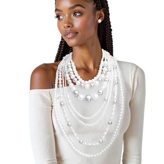Long 7 Strand White Pearl Silver Ball Bead Necklace