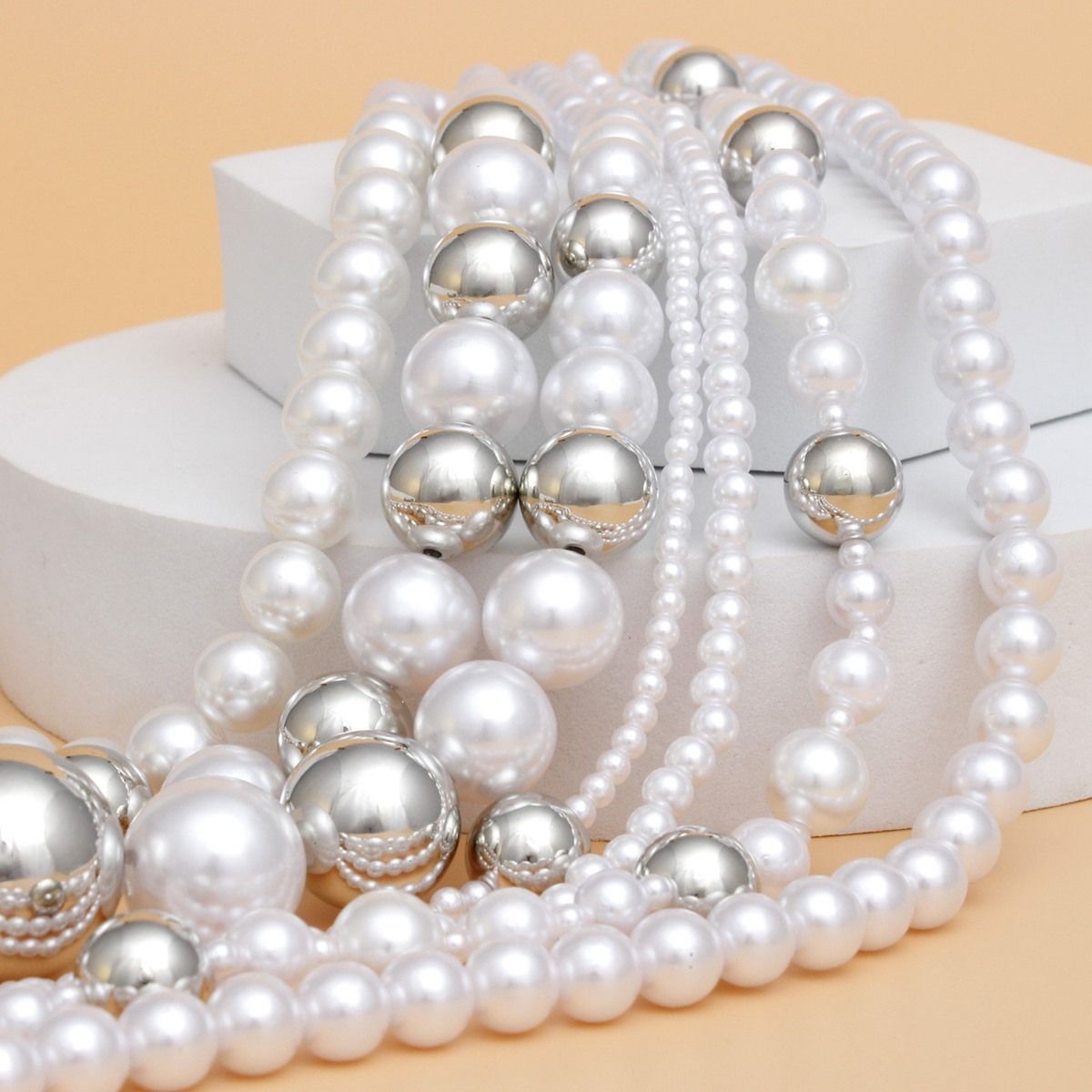 Long 7 Strand White Pearl Silver Ball Bead Necklace