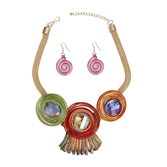 Bib Multicolor Looped Wire Round Bead Necklace