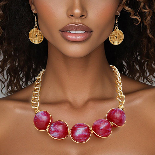 Collar Red Galactic Bead Gold Chain Necklace