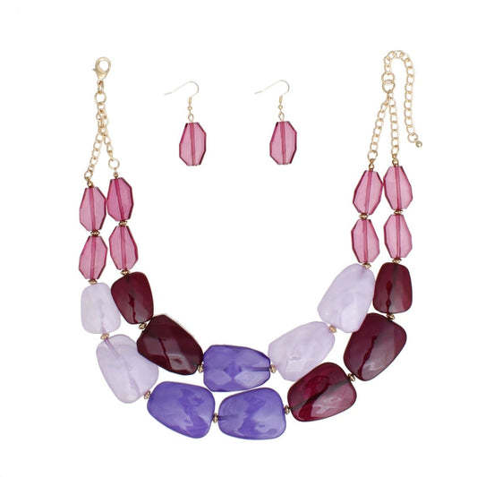 Collar Vibrant Marbled Purple Bead Layer Necklace