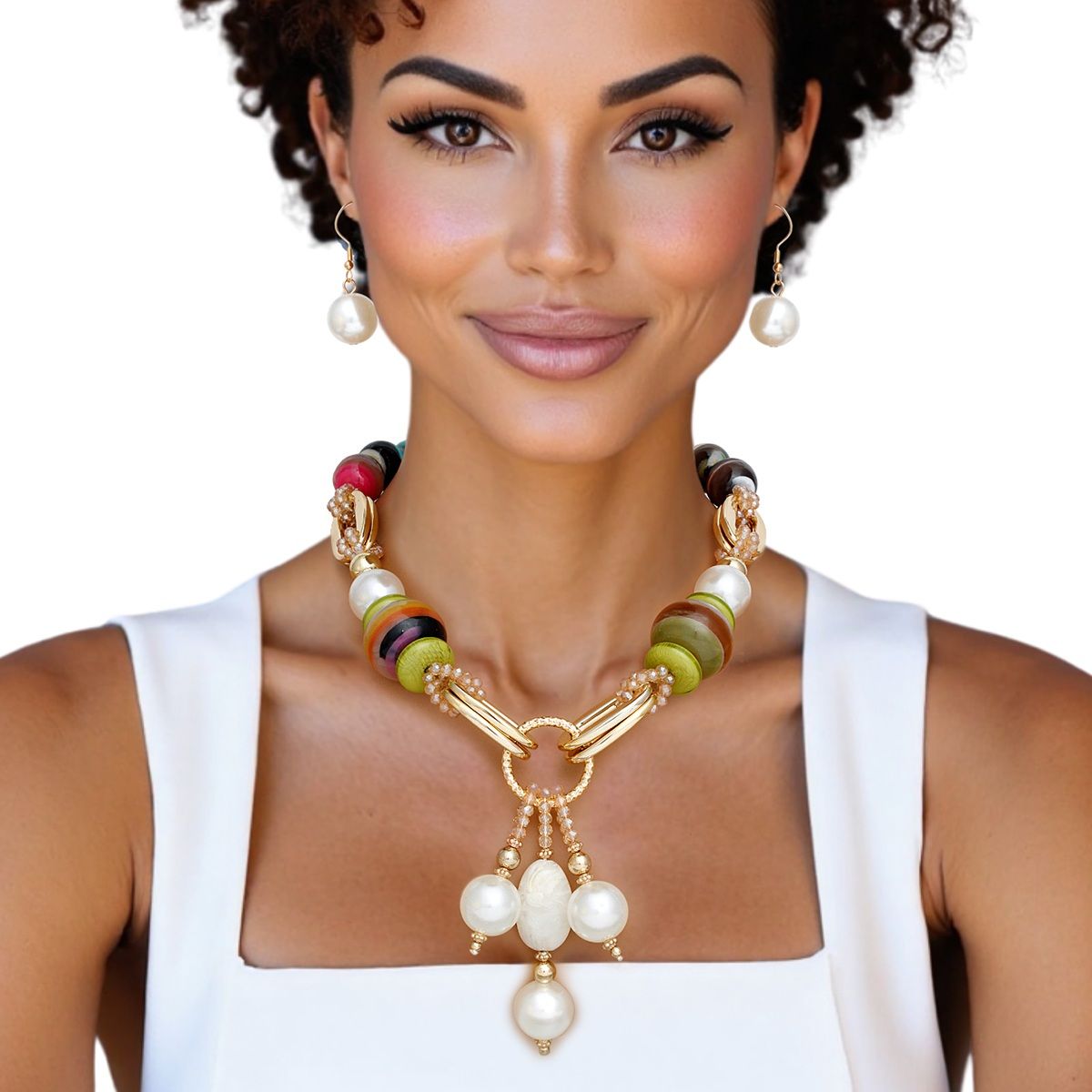 Beaded Multitone Stripe Marble and Pearl Necklace