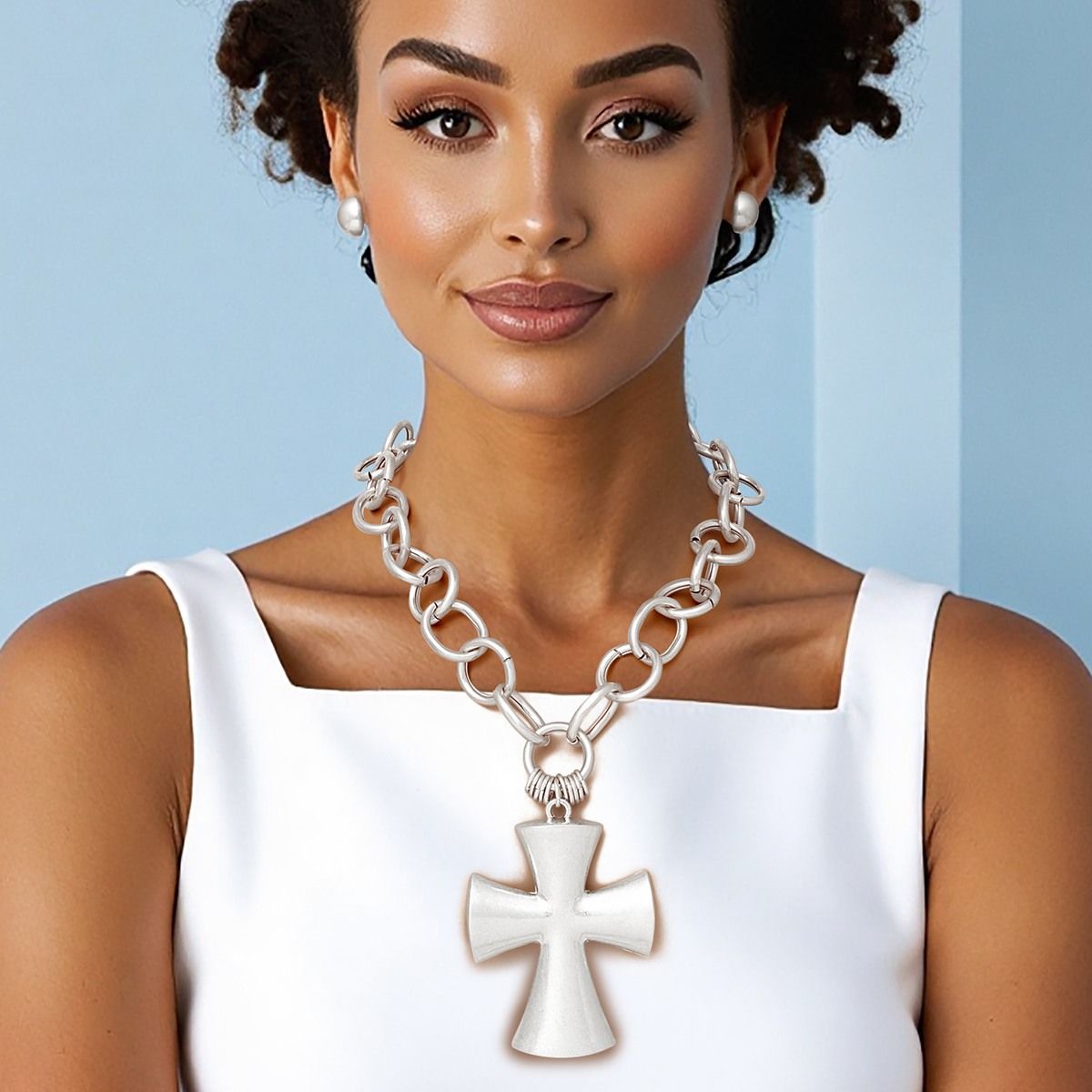 Pendant Chunky Matte Silver Cross Chain Necklace