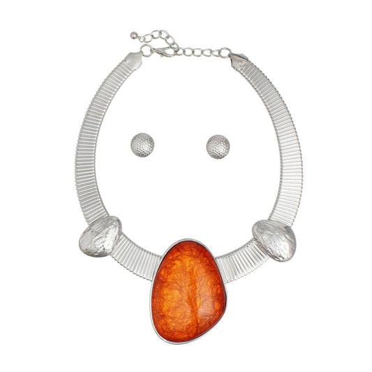 Collar Silver Omega Orange Resin Tribal Necklace
