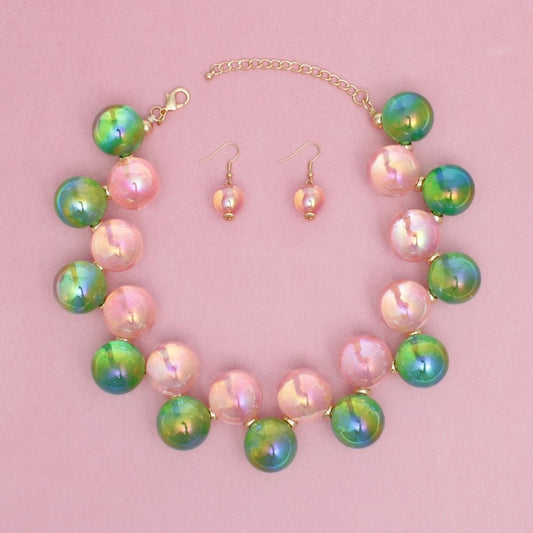 Necklace Pink Green Iridescent Bubble Ball Bead