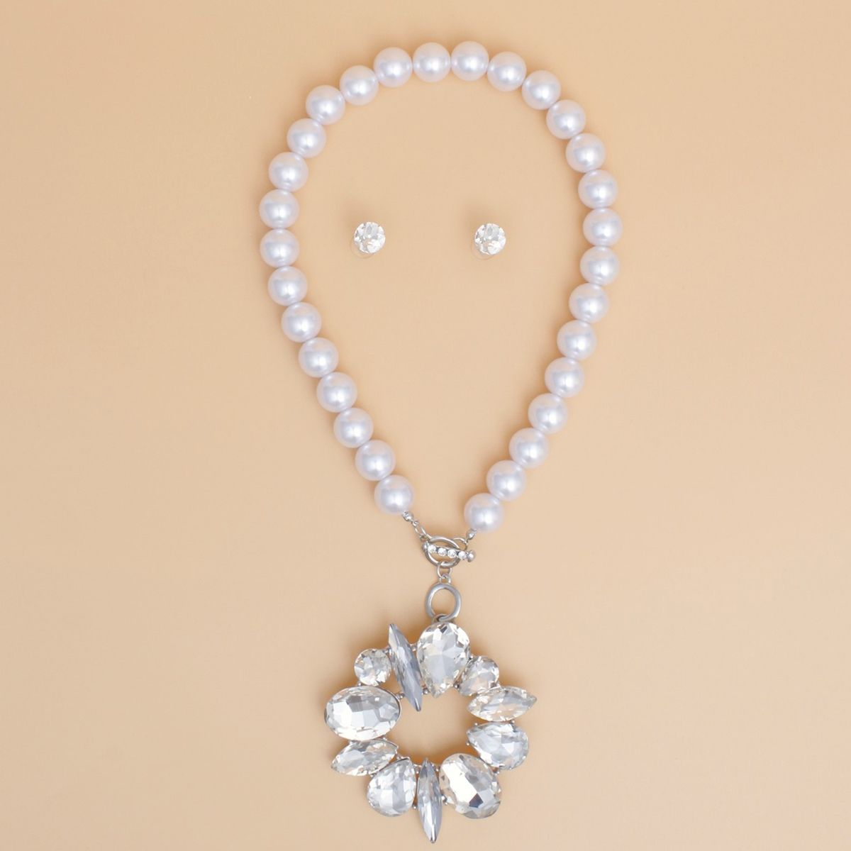 Toggle White Pearl Clear Crystal Pendant Necklace