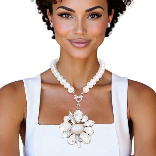 Toggle White Pearl Clear Crystal Pendant Necklace
