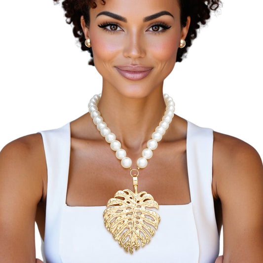 Cream Pearl Gold Palm Leaf Pendant Necklace