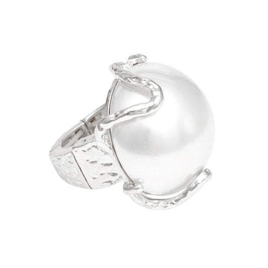 Cocktail White Power Pearl Silver Stretch Ring