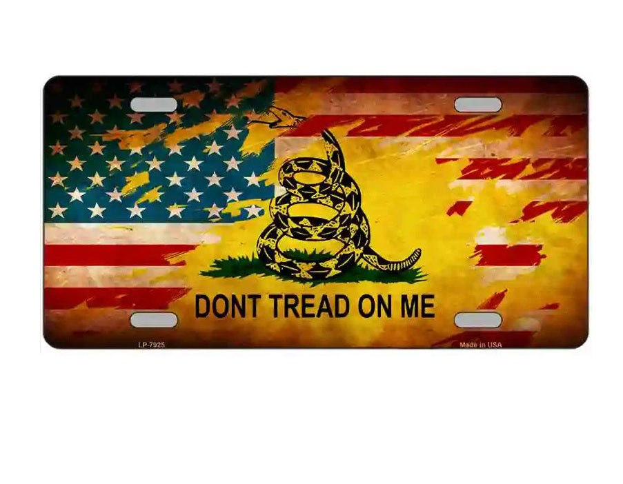 License plate with American flag and Gadsden snake design, featuring 'Don't Tread on Me' text.