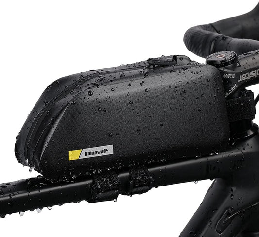 Black bike saddle bag with visible brand logo on a white background
