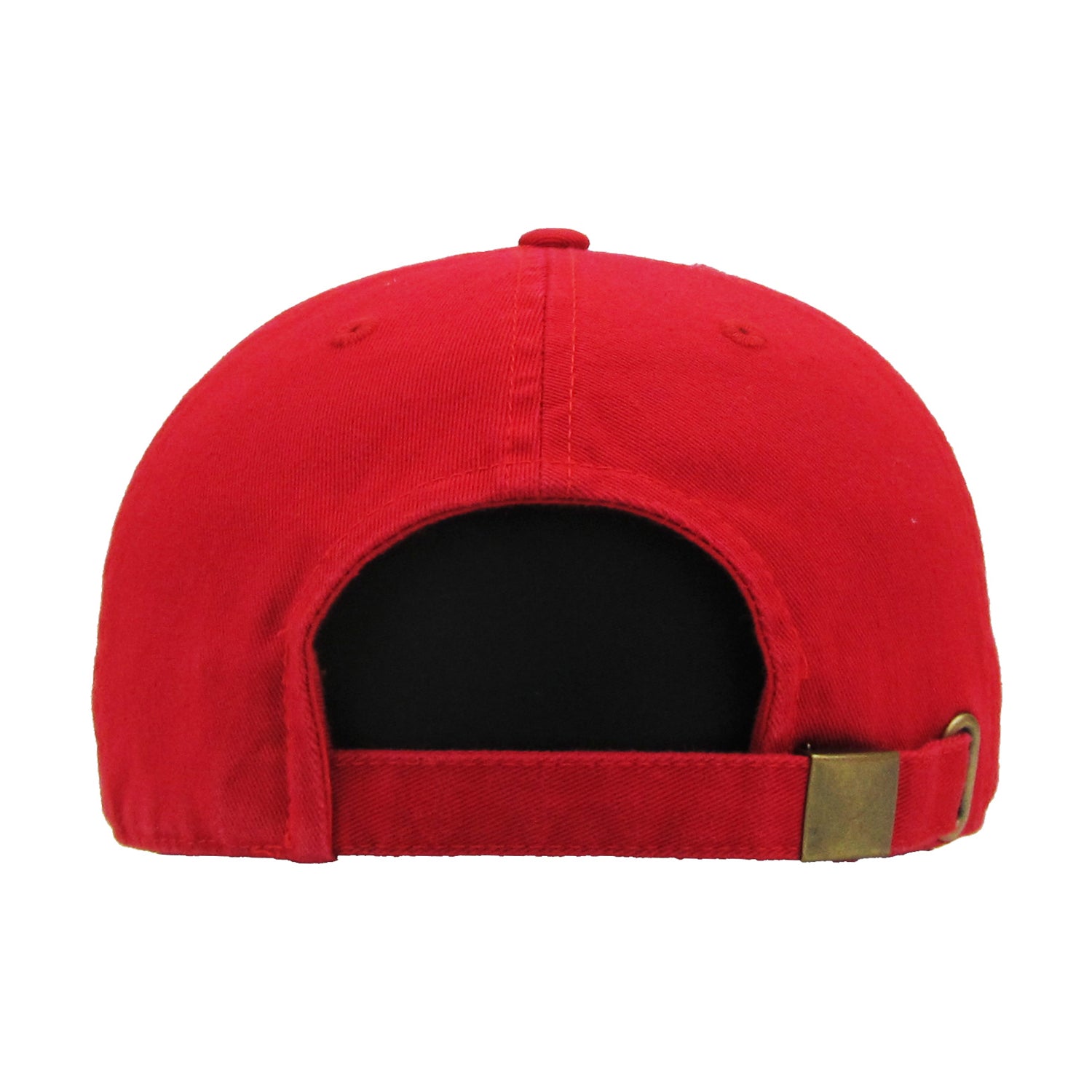 Red cap from rear with a gold buckle on a white background