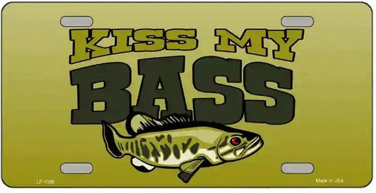 License plate with 'Kiss My Bass' text and a fish illustration on a yellow green background
