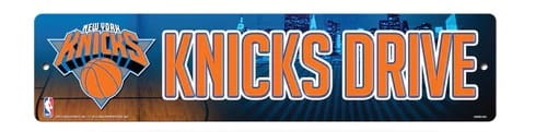 New York Knicks street sign with 'Knicks Drive' text on a blue and orange background