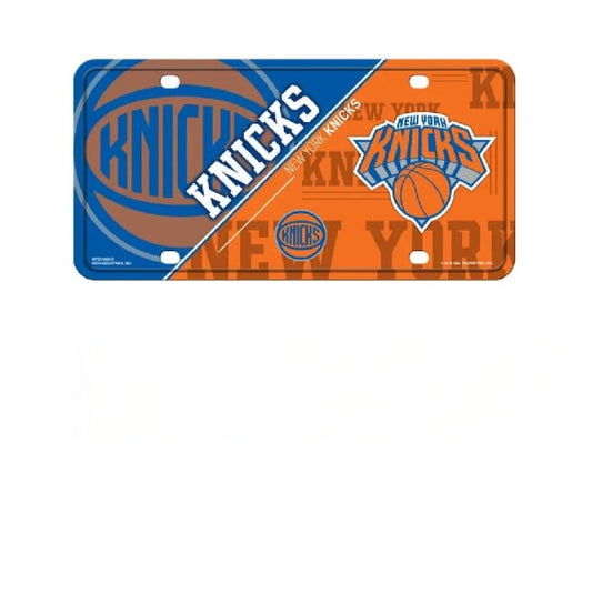 Metallic New York Knicks license plate with basketball design on a white background