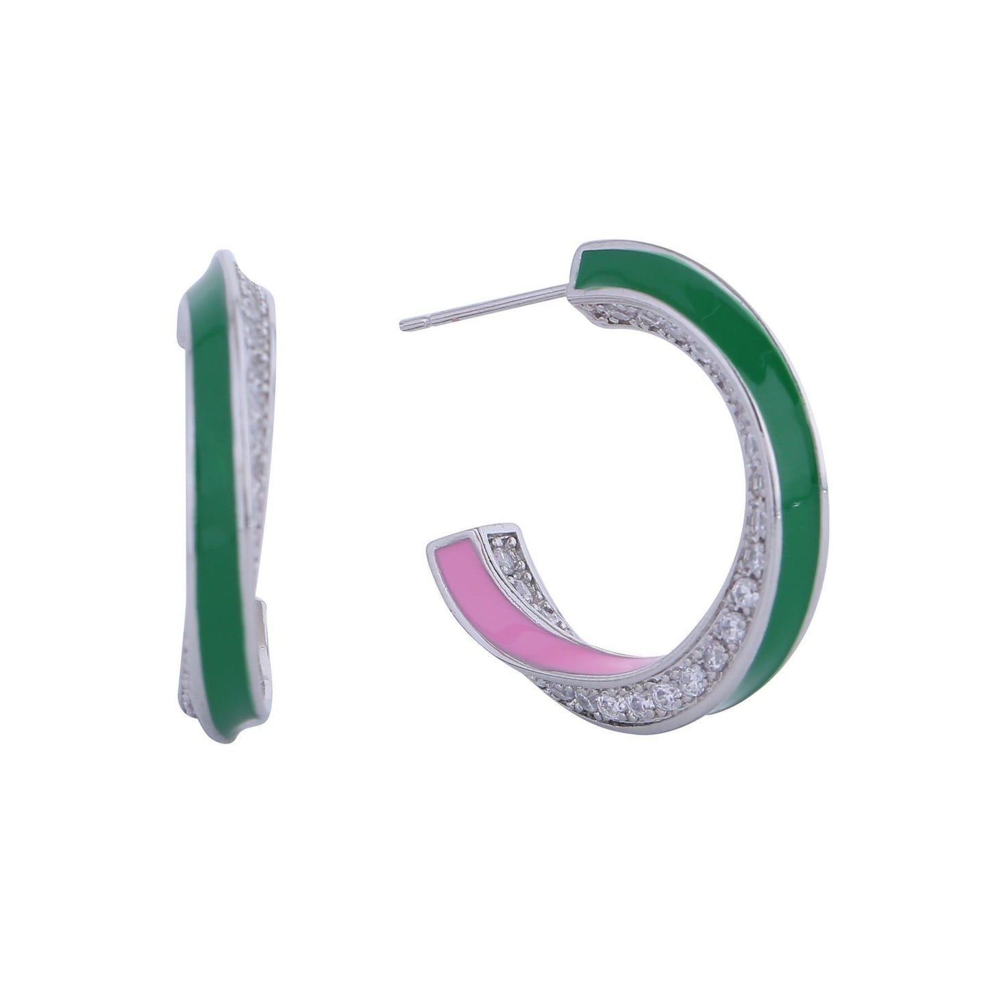 Hoop 14K Silver Pink Green CZ Twist Earrings Women