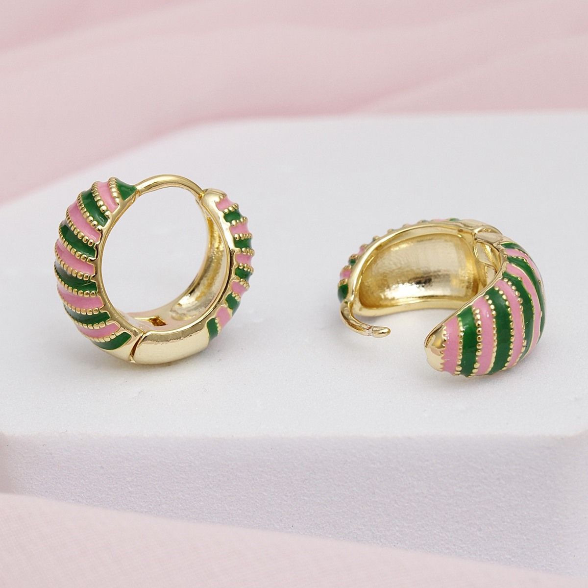 AKA 14K Gold Pink Green Striped Hoop Earrings