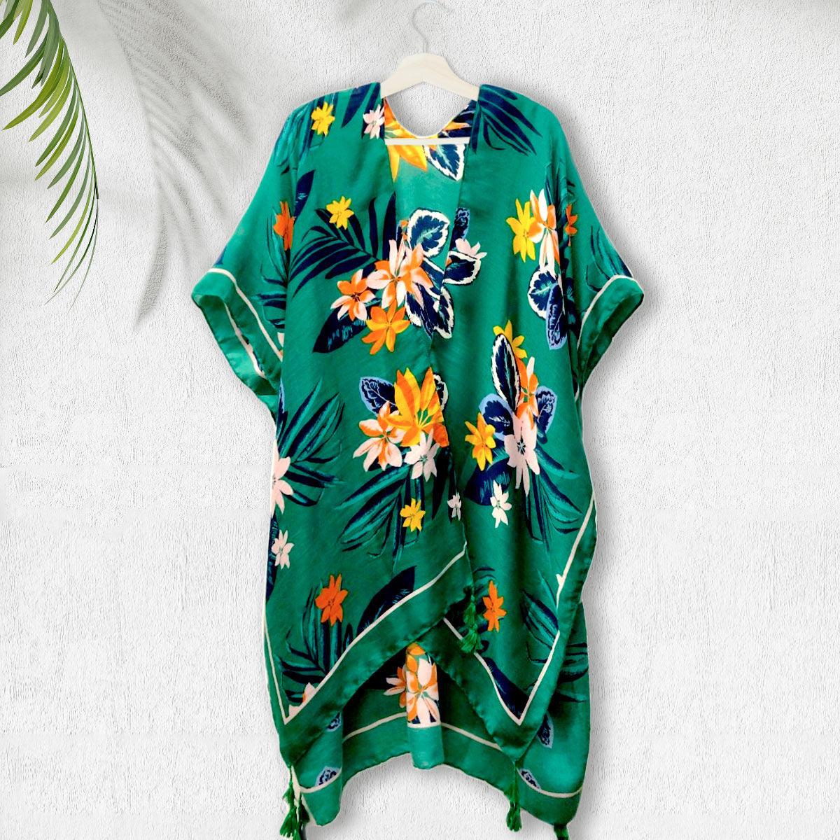 Green Tropical Floral Tassel Kimono