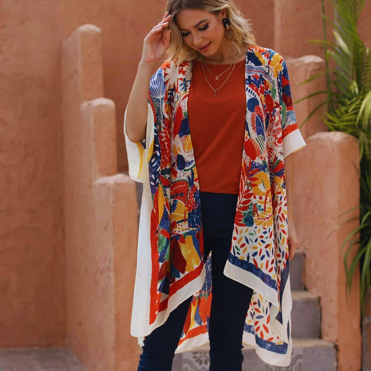 Red Mixed Pattern Tassel Kimono