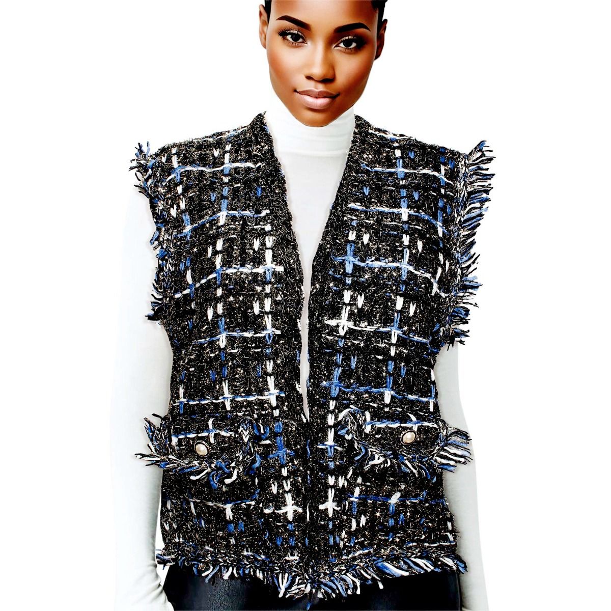 Silver Threaded Festive Tweed Black Vest for Women