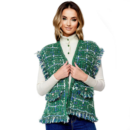 Silver Threaded Festive Tweed Green Vest for Women