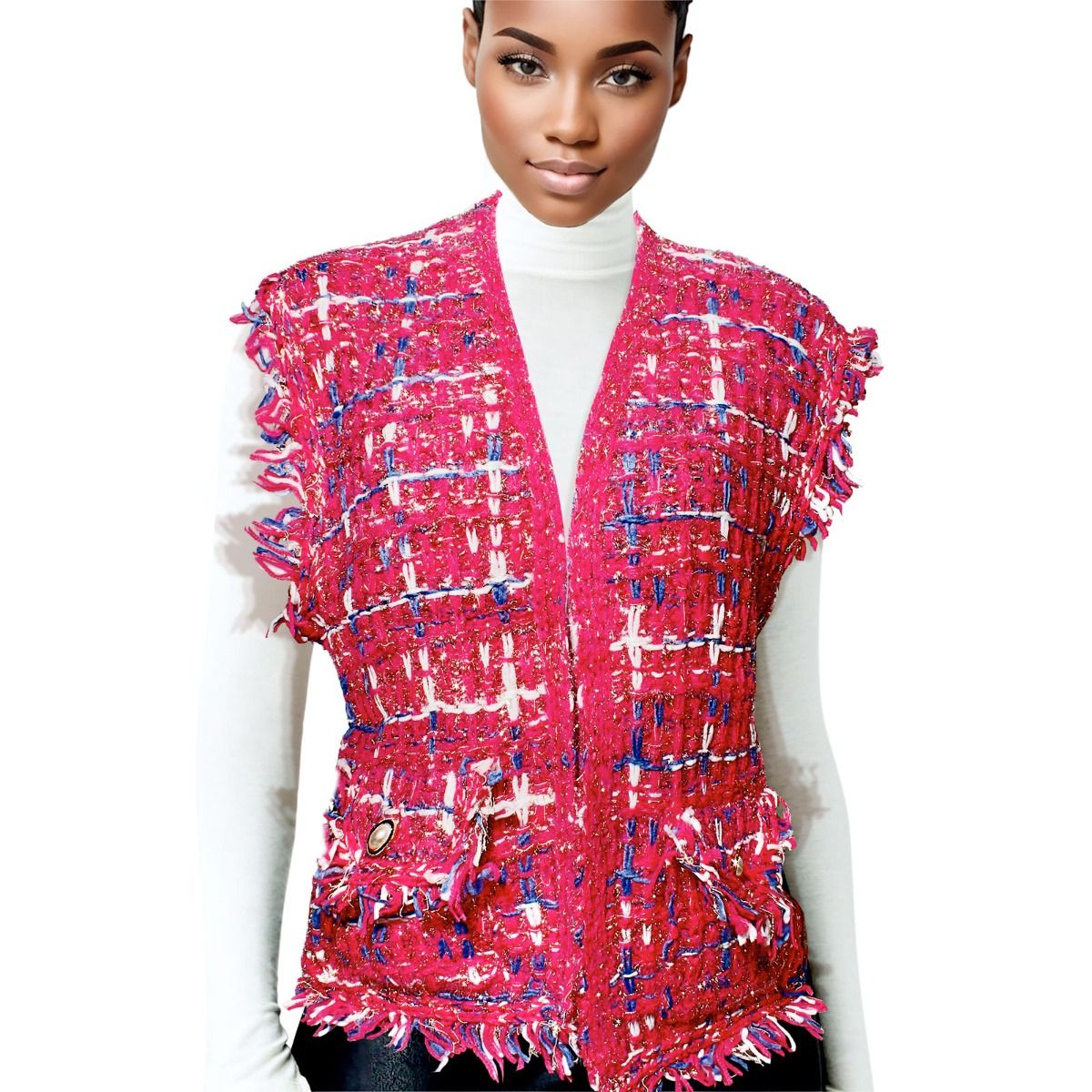 Silver Threaded Vest Plaid Tweed Pink Vest for Women