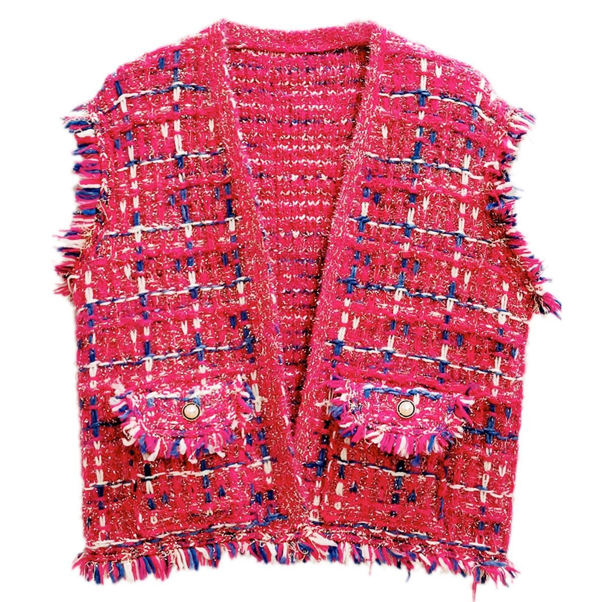 Silver Threaded Vest Plaid Tweed Pink Vest for Women