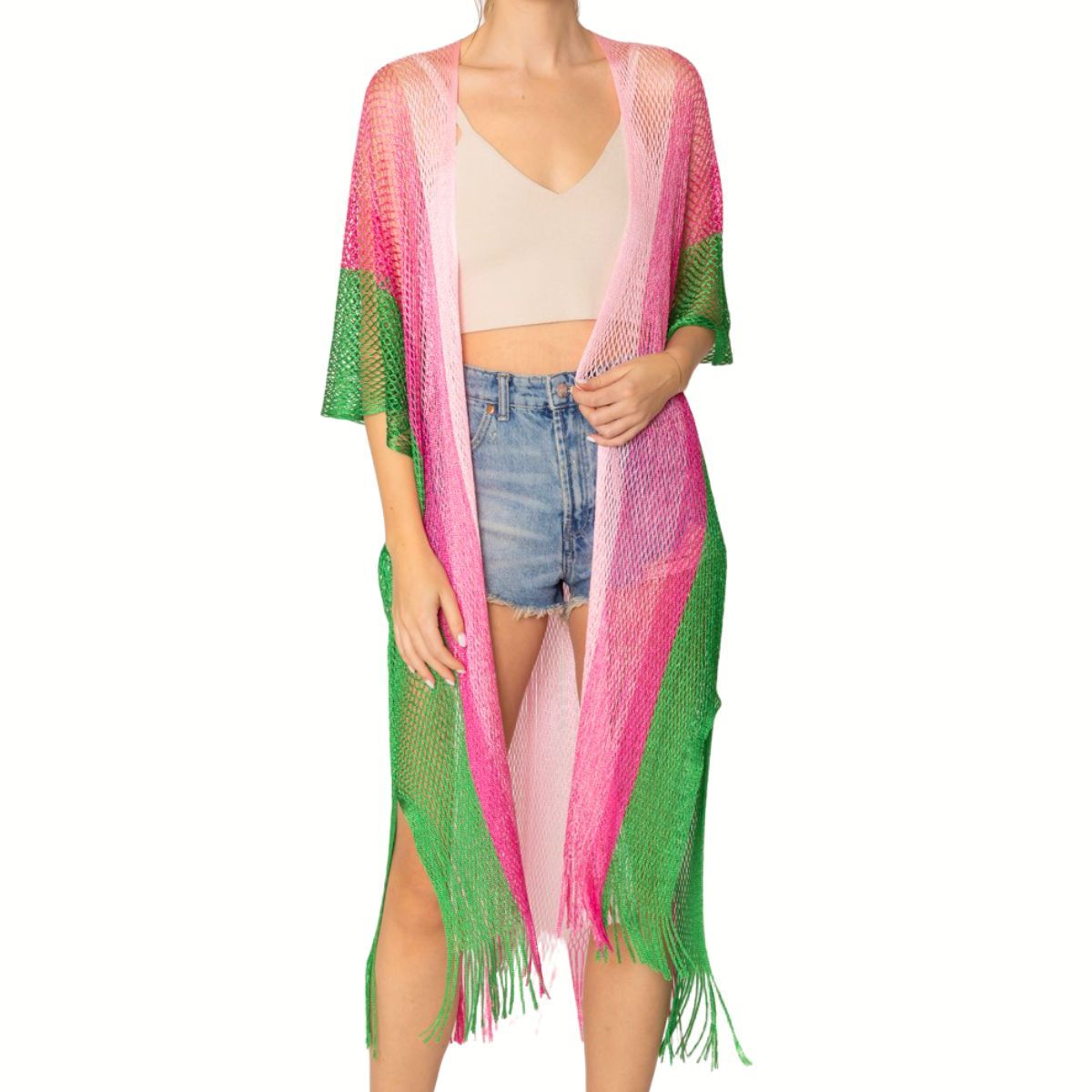 AKA Kimono Lurex Stripe Pink and Green