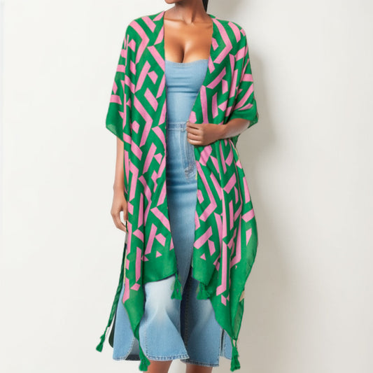 AKA Kimono Geo Print Pink and Green