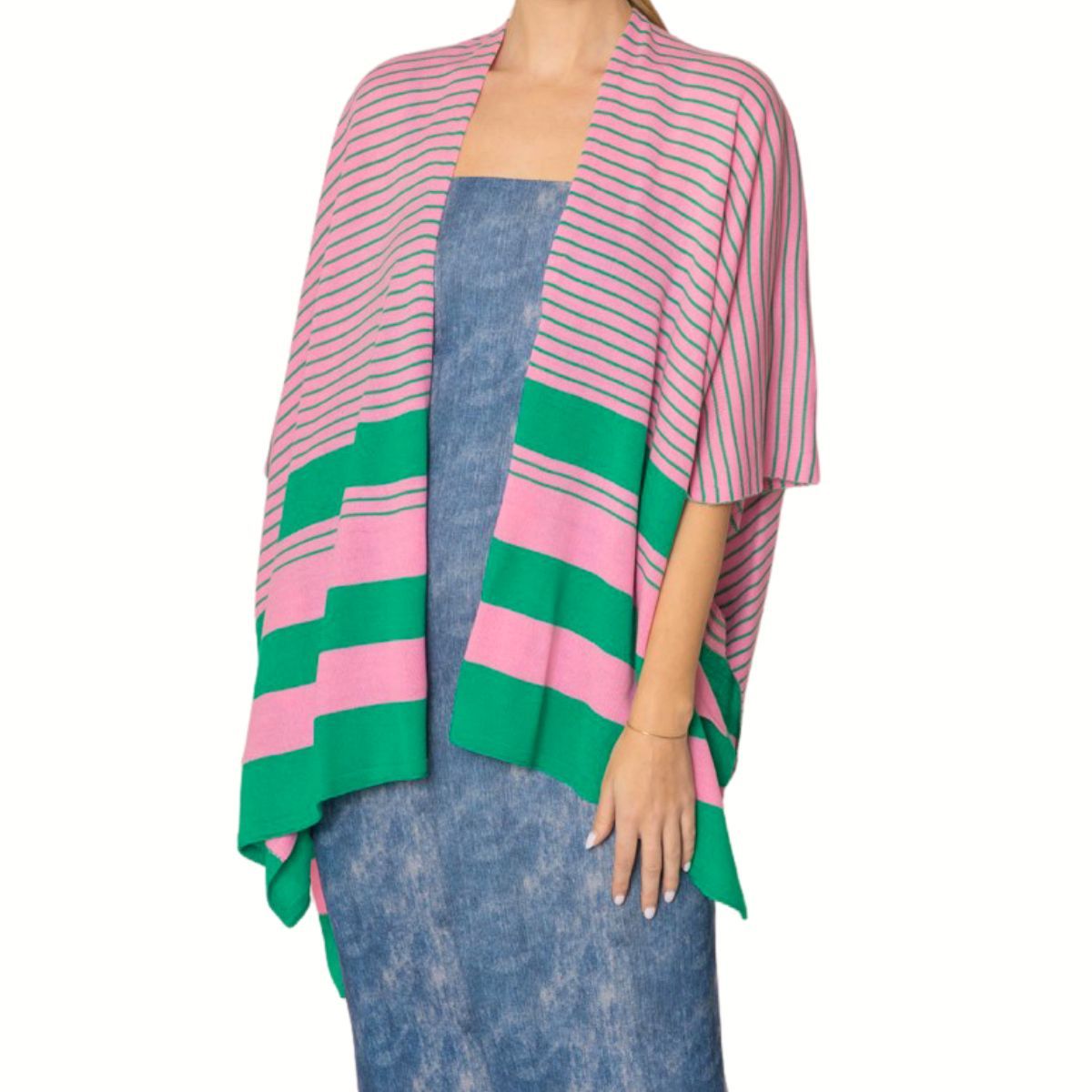 AKA Ruana Kimono Striped Pink and Green