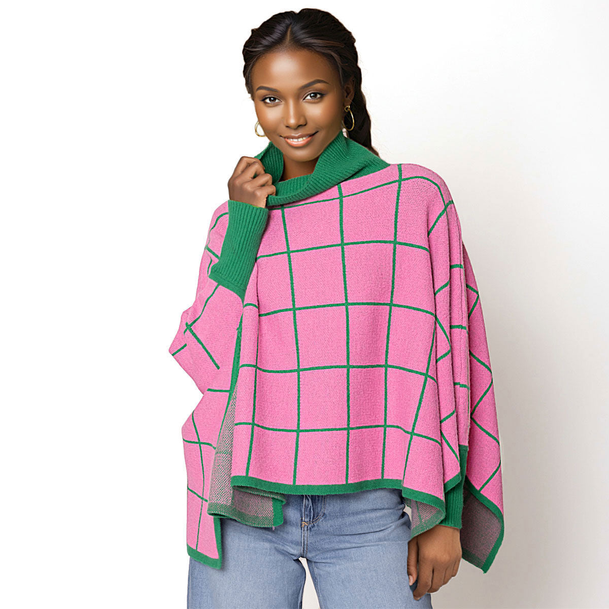 AKA Sorority Plaid Knit Pink Green Poncho