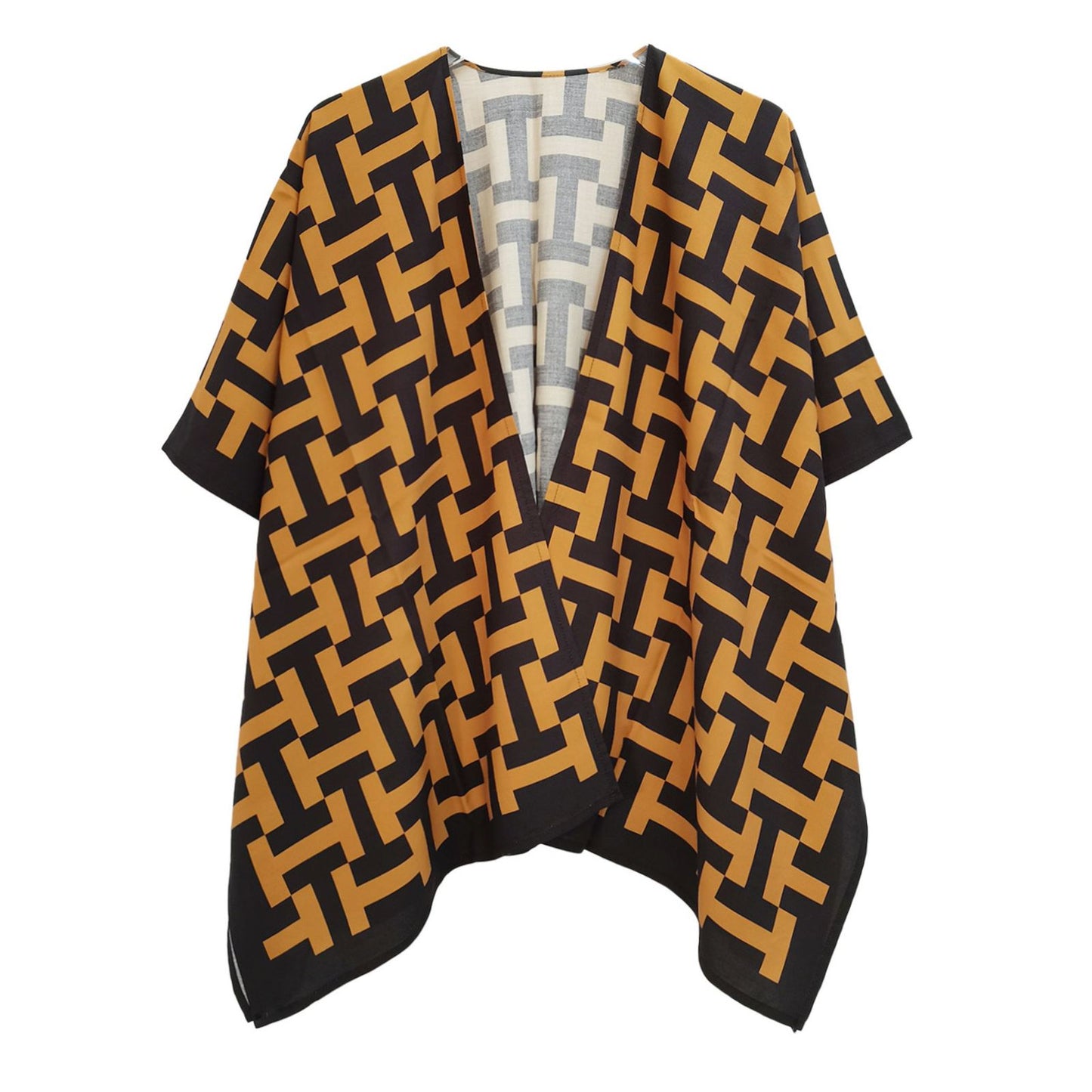 Kimono Black and Camel Geometric Print Women