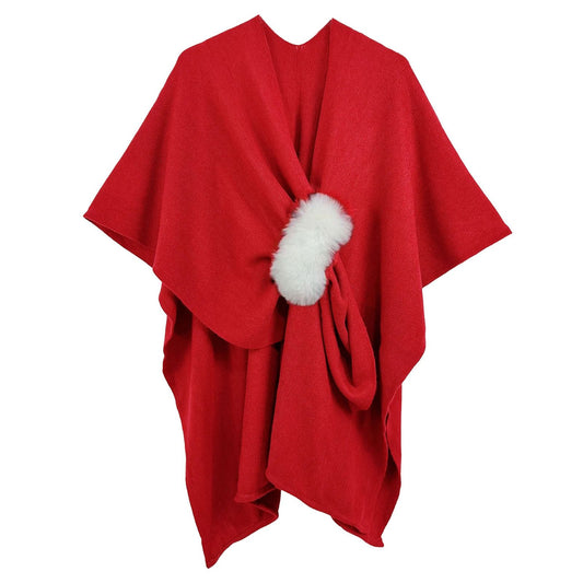 DST Sorority Red Knit Ivory Fur Ruana Scarf Wrap