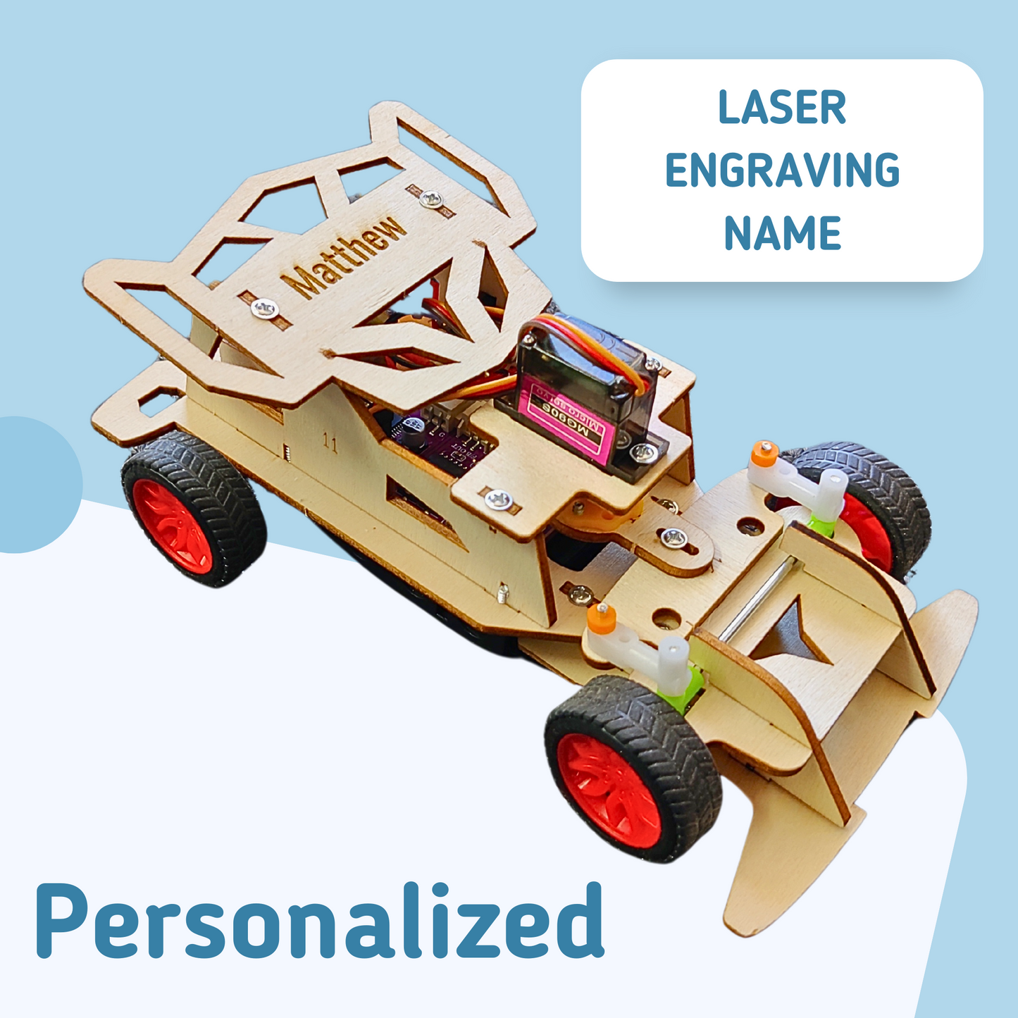 Wooden robot chassis with laser engraving name on a light blue background
