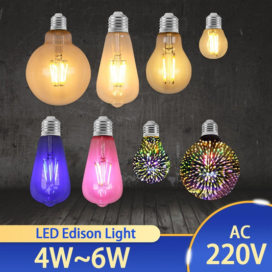 LED Edison Bulb Retro LED 3D Fireworks Edison Lamp Filament Lights Edison Bulb LED Candle Light Bulb Edison Vintage Style For Outdoor Indoor