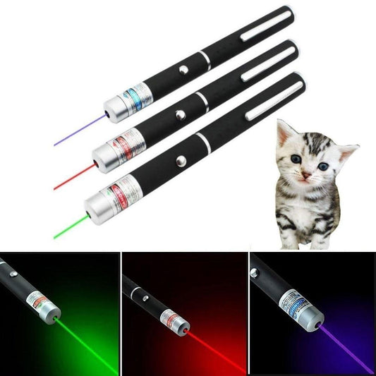 Three laser pointers with red, green, and blue lights, and a cat on a white background.