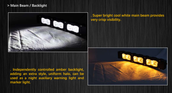 Lightbar with main beam and amber backlight on a dark background