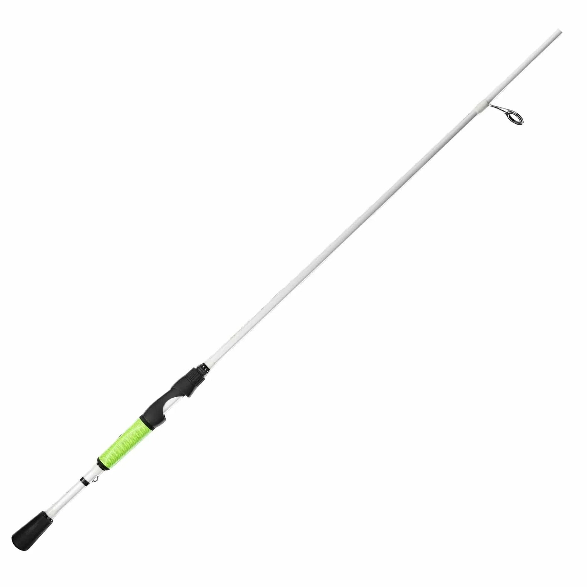 Fishing rod with a white handle and black and green grip on a white background