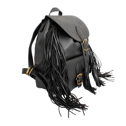 Backpack Black Leather Fringe Bag for Women