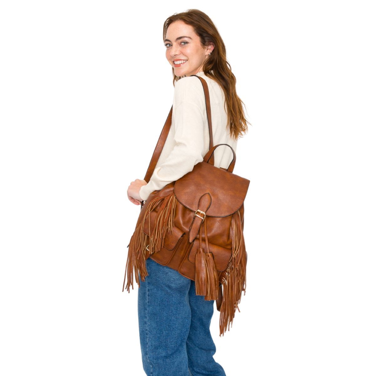 Backpack Brown Leather Fringe Bag for Women