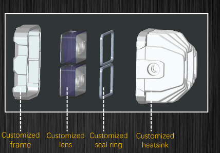 Diagram of a custom electronic component with labeled parts on a dark background
