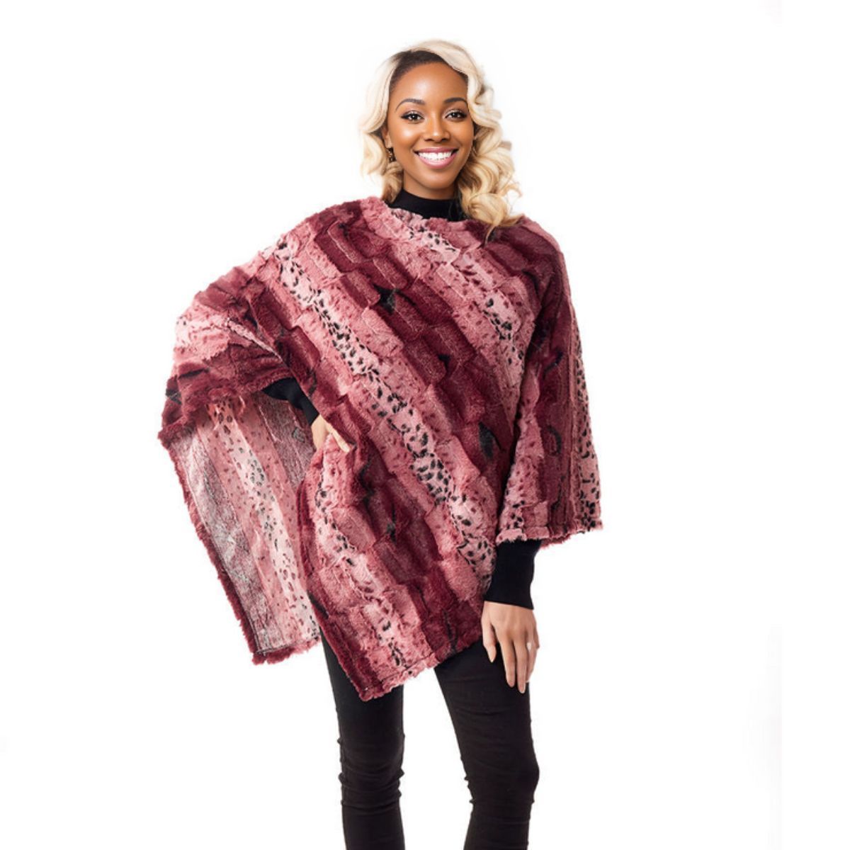 Dark Pink Animal Print Fur Poncho