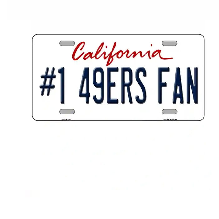 License plate with '#1 49ERS FAN' text on a white background