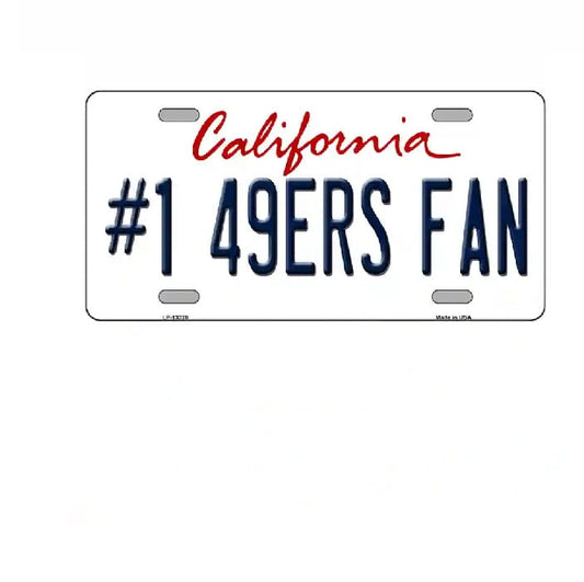 License plate with '#1 49ERS FAN' text on a white background